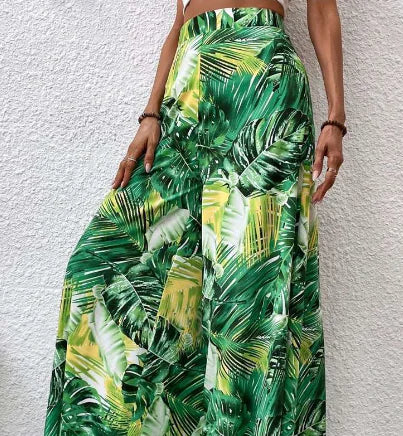 Women High Waist Wide Leg Tropical Print Chiffon Summer Pants - Image 2