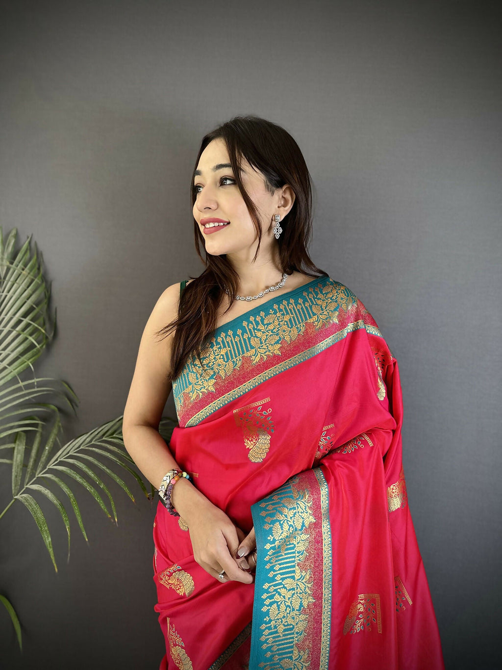 Hot Pink Banarasi Soft Silk Saree with Peacock Butta