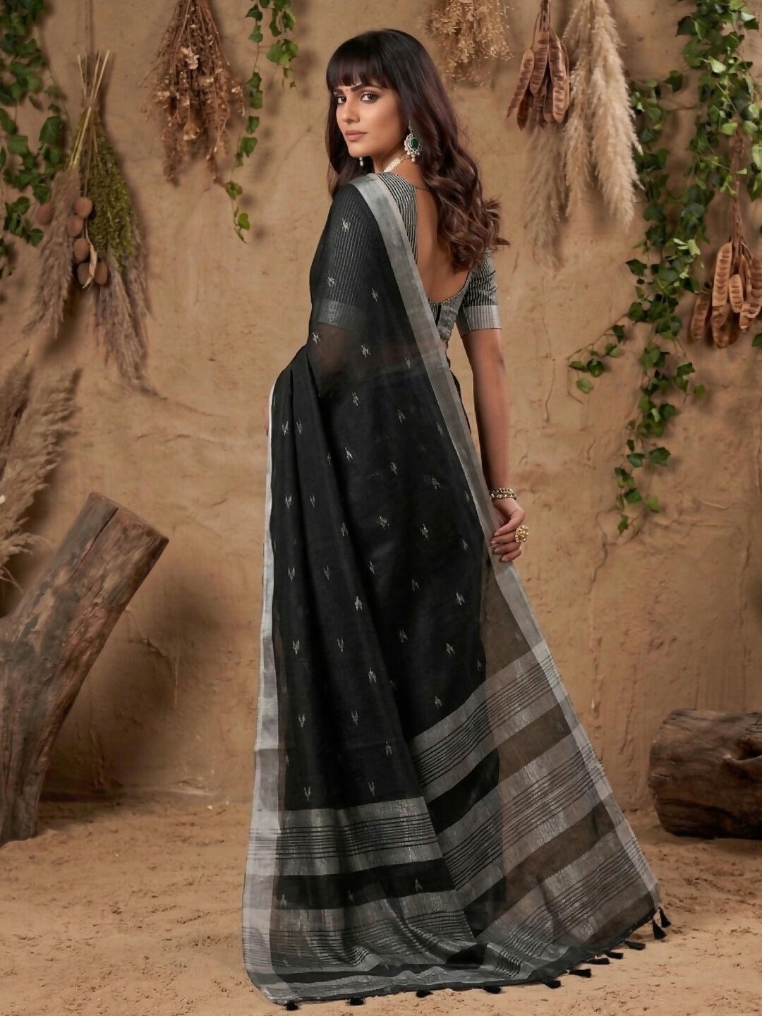 Black Linen Cotton Saree with Matching Blouse Piece