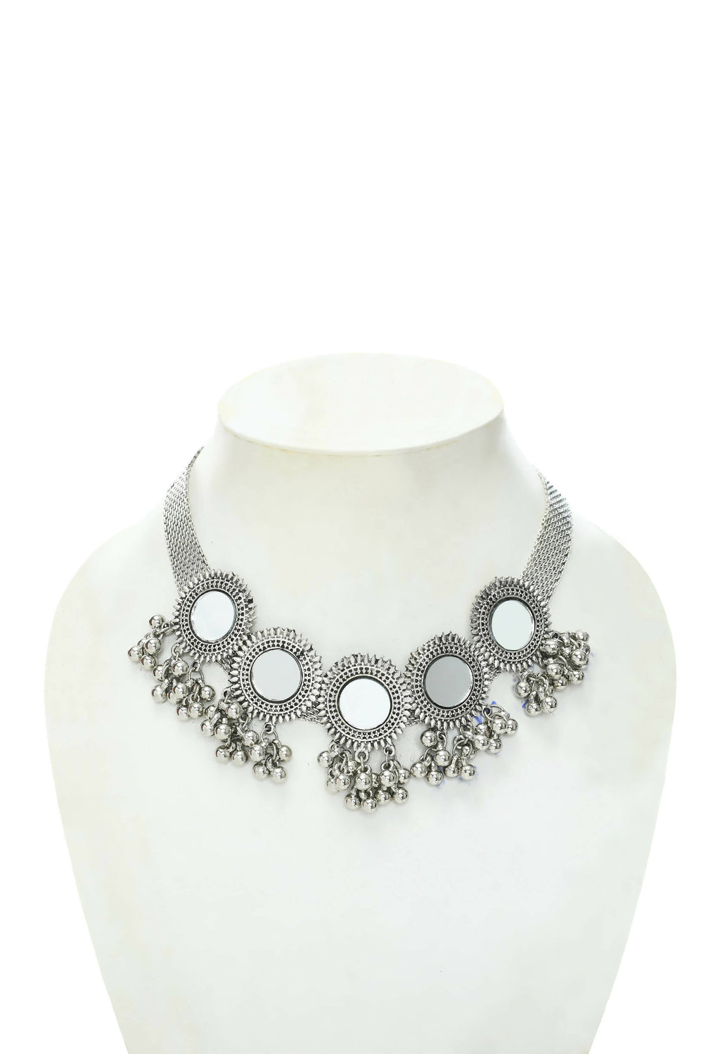 Silver-Plated Brass Mirror Work Ethnic Choker Necklace