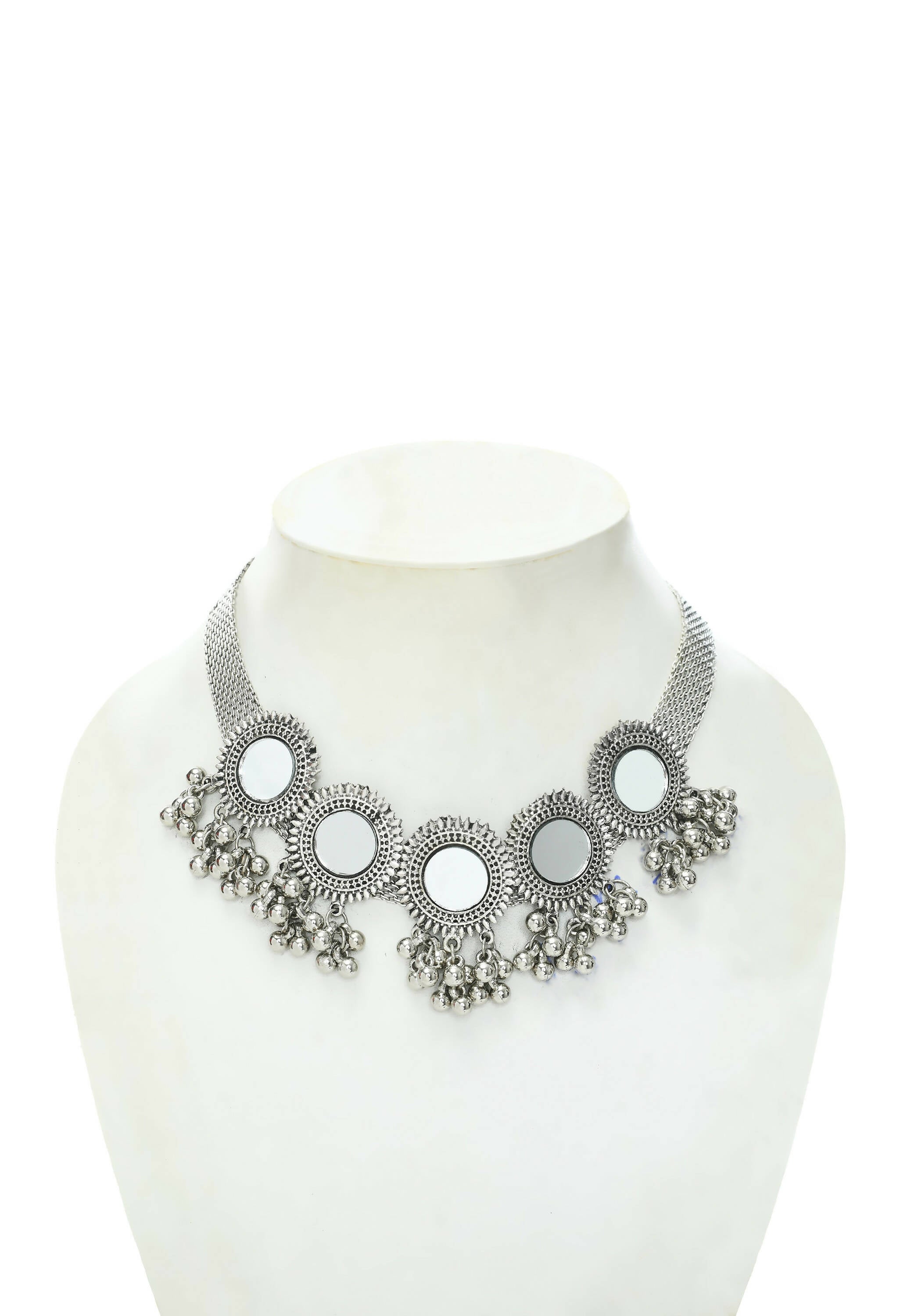 Silver-Plated Brass Mirror Work Ethnic Choker Necklace