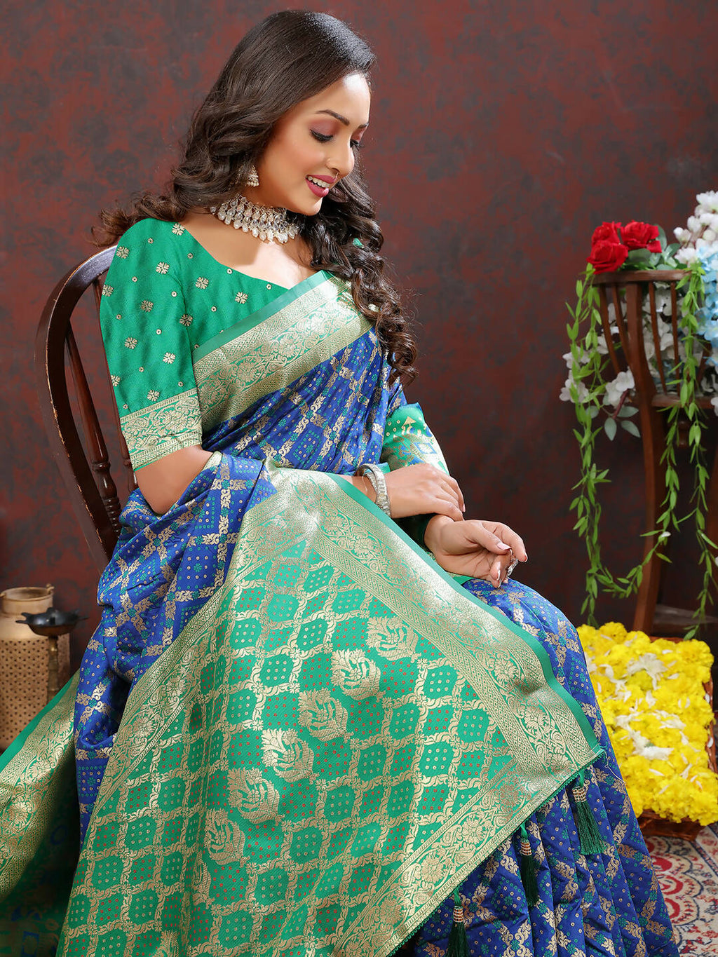 Blue & Green Patola Silk Saree with Meenakari Woven Design