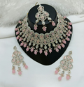 Pink color stone work necklace set with long matching earrings