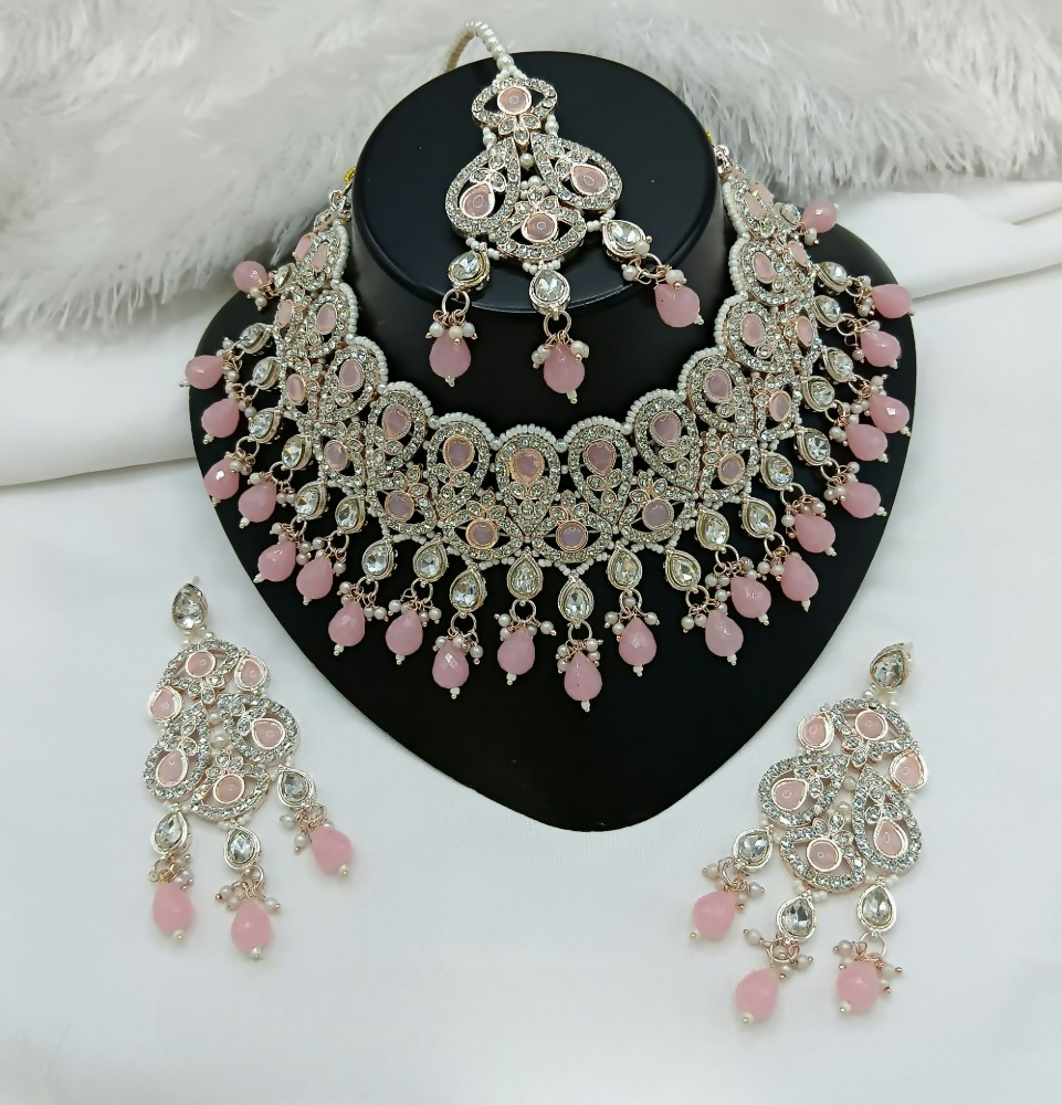 Pink color stone work necklace set with long matching earrings
