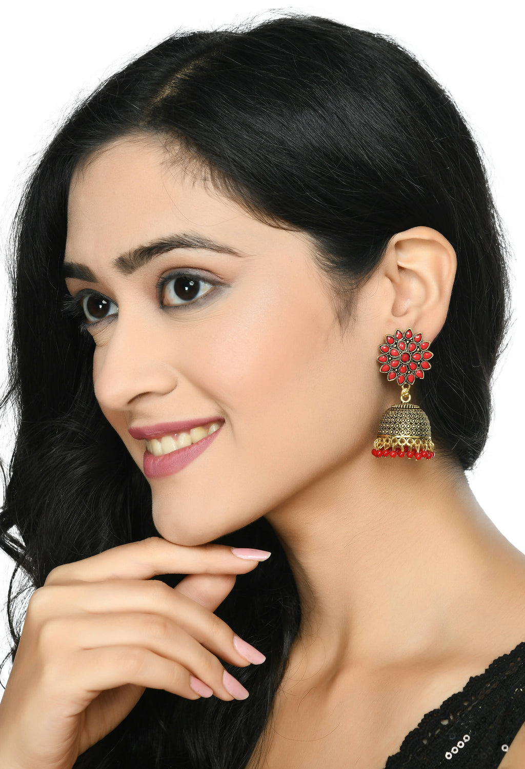 Joharkamal Kundan Jhumka Earrings with Red Beads, Gold-Plated Brass