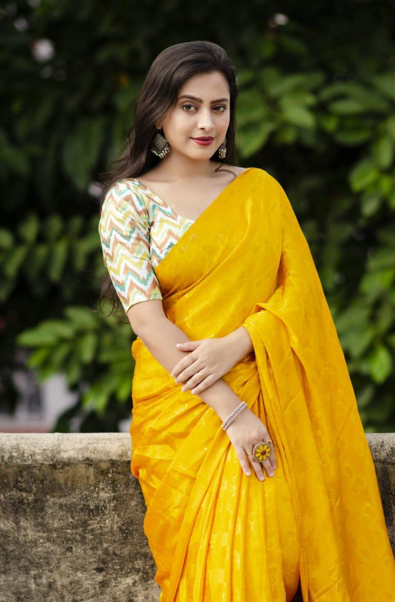 Mustard Silk Blend Ethnic Motifs Saree with Unstitched Blouse - Hiral Fashion