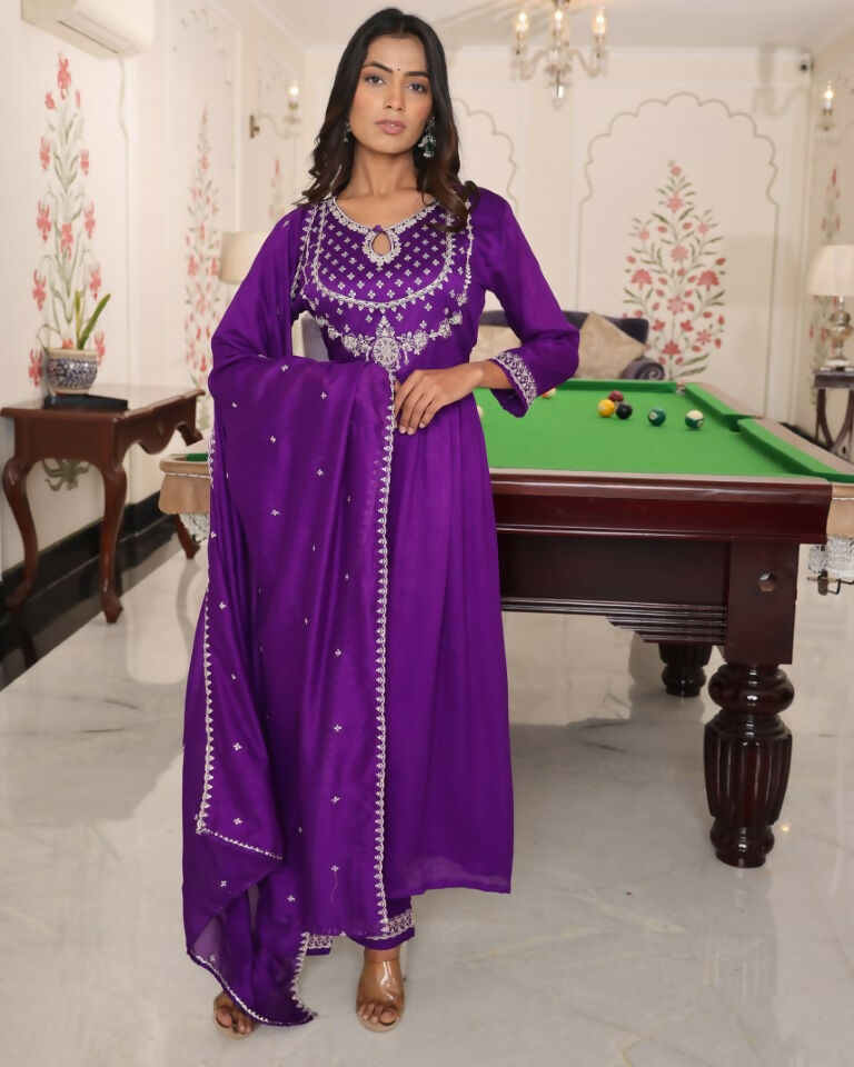 Purple soft silk A-line designer kurta with embroidery and 3/4 sleeves