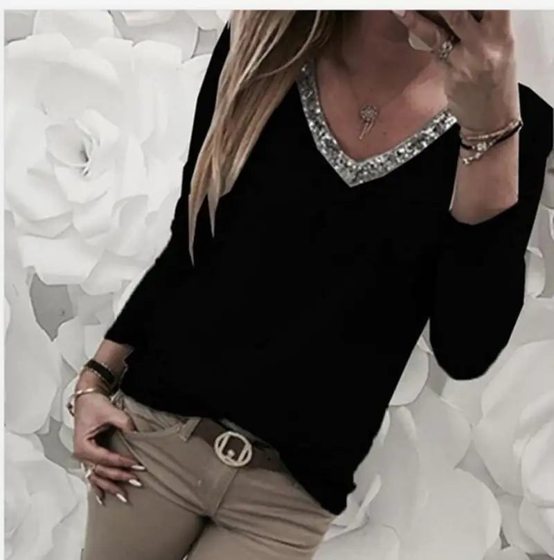 Women's Black Long Sleeve V Neck T-Shirt with Sequin Trim - Image 6