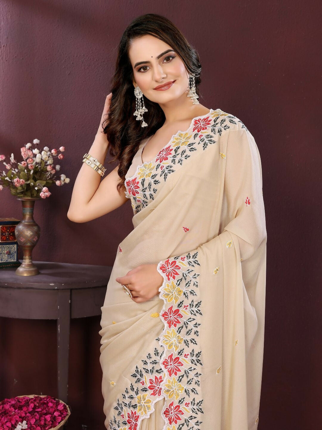 Peach Soft Star Georgette Saree with Elegant Embroidery