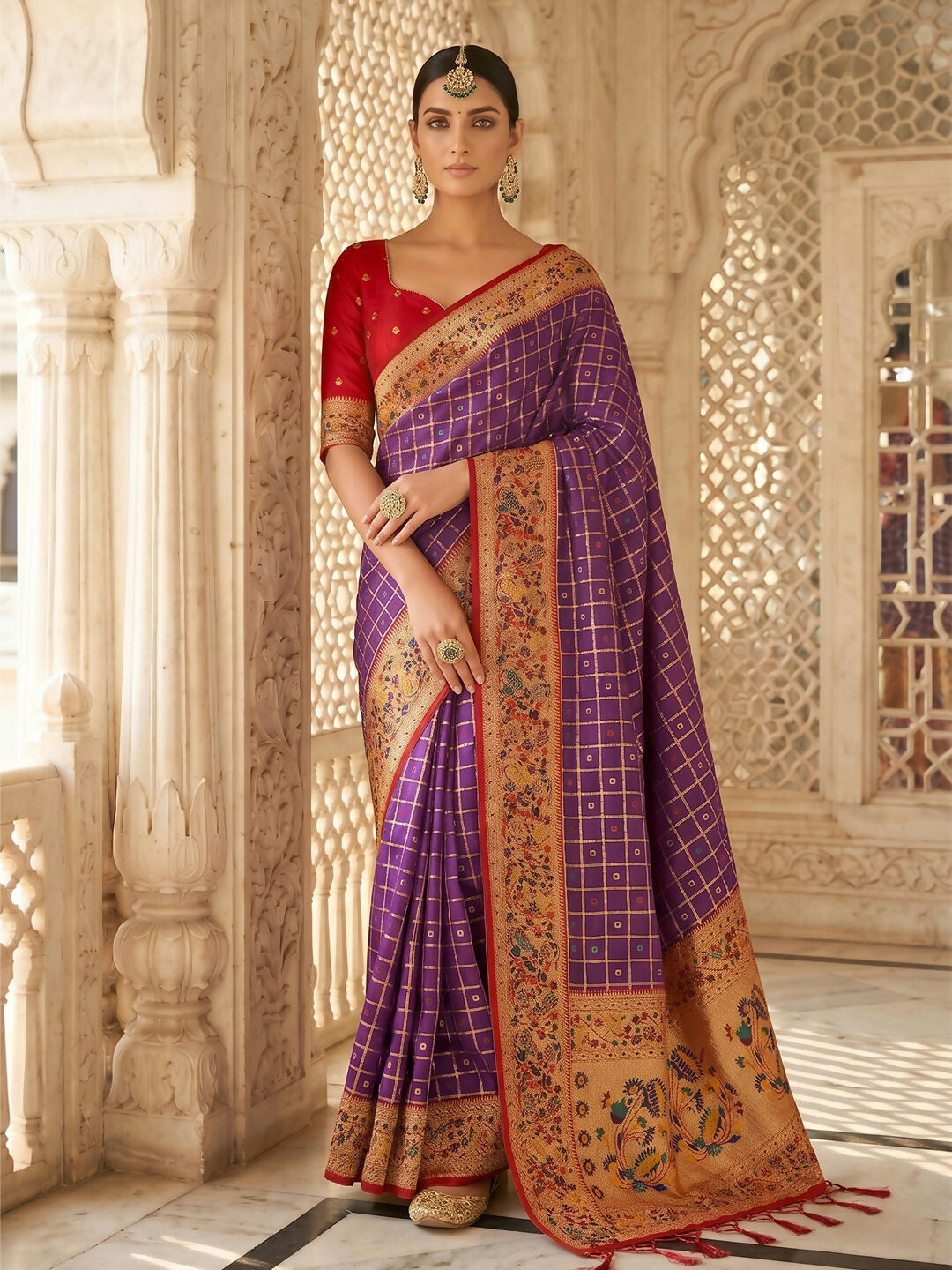 Traditional purple Banarasi silk blend saree with elegant finish
