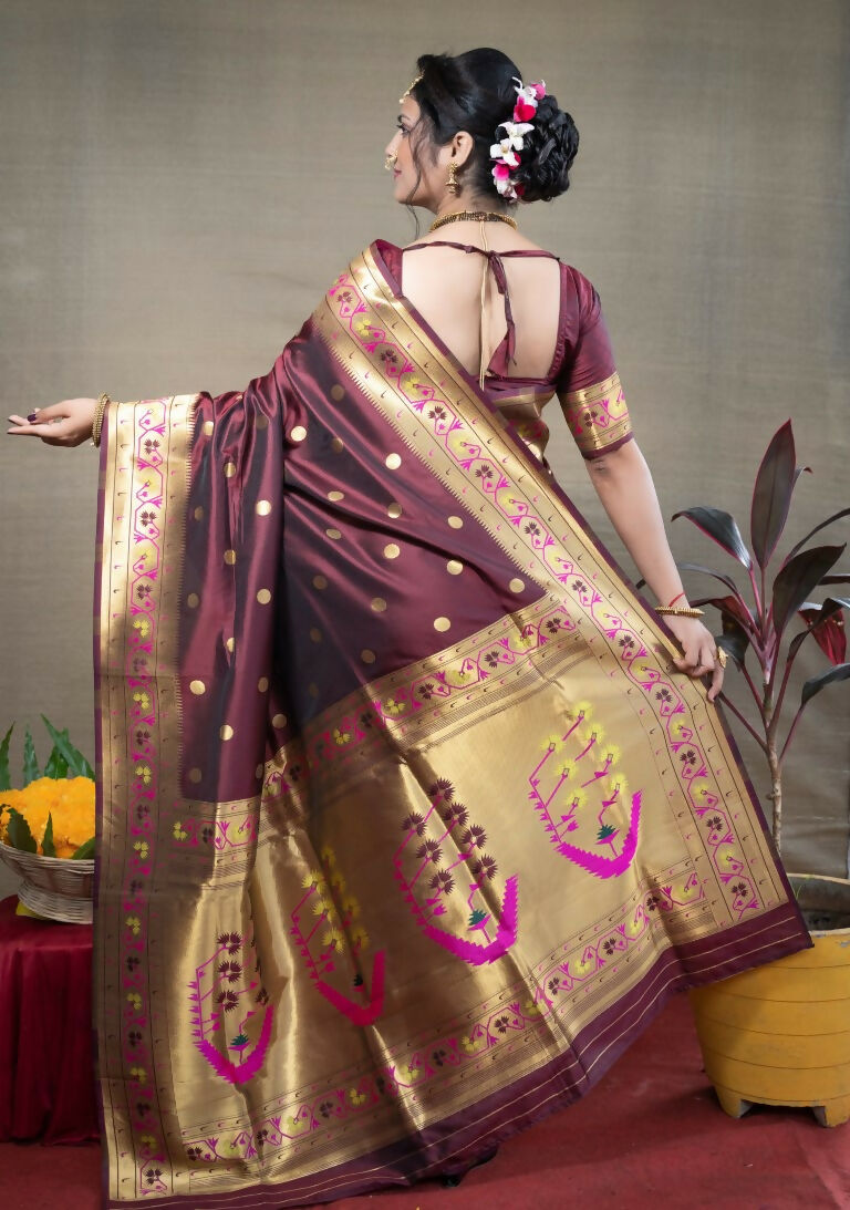 Women's Brown Paithani Silk Zari Woven Saree with Matching Blouse