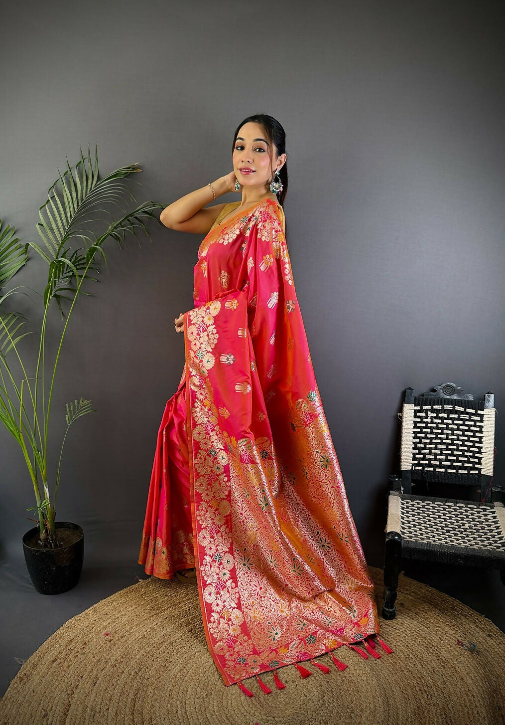Hot Pink Meenakari Woven Soft Silk Saree