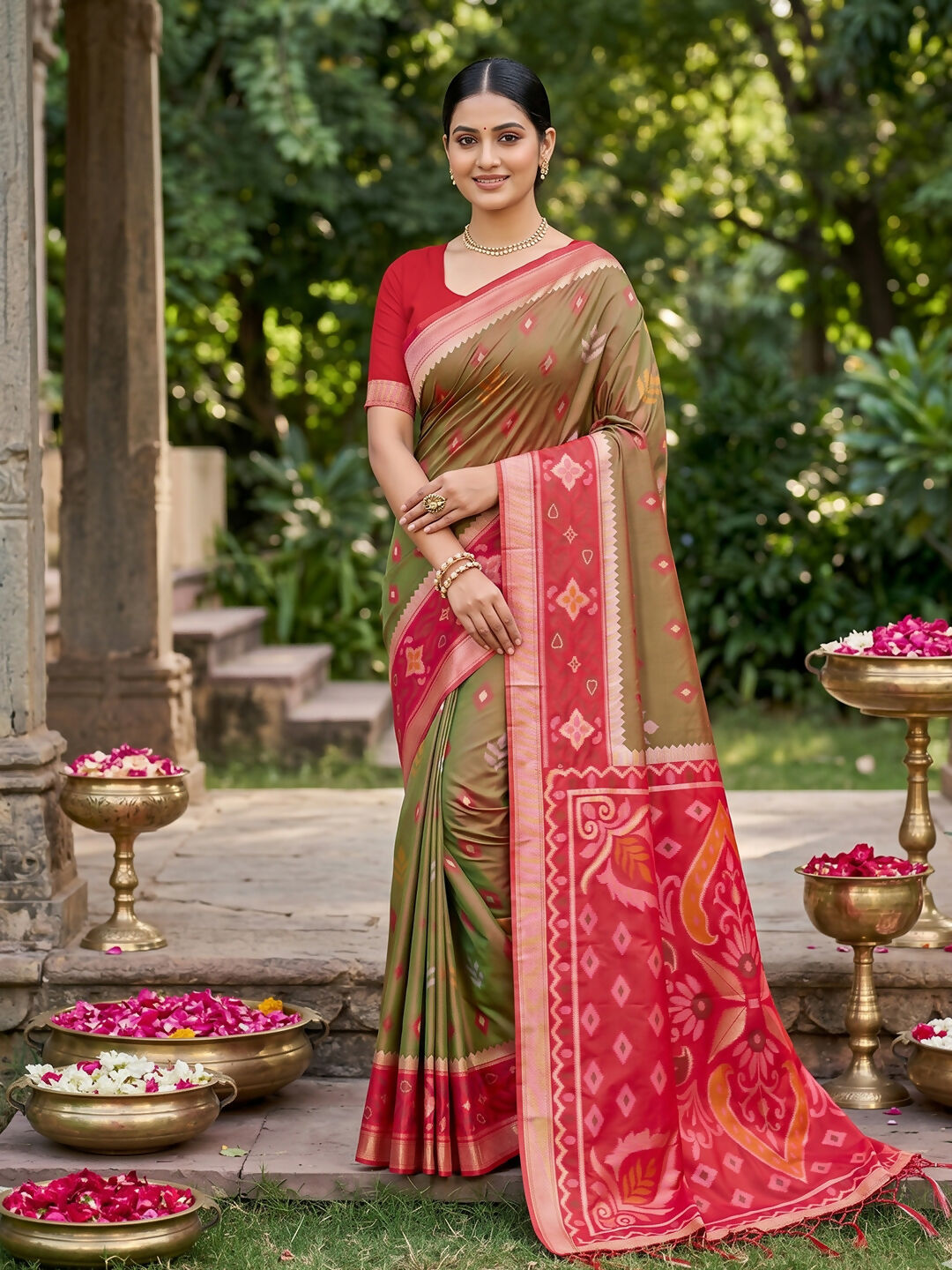 Beautiful Mehndi colored soft silk saree with a premium texture.