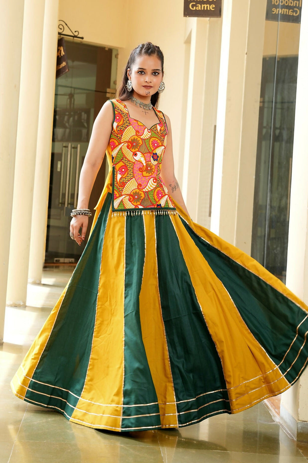 Mustard & Green Cotton Designer Lehenga Choli for Navratri
