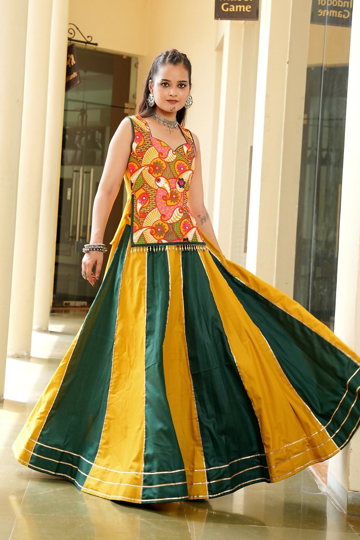 Mustard & Green Cotton Designer Lehenga Choli for Navratri