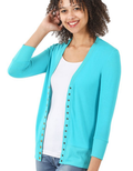 Ice Blue 3/4 sleeve cardigan featuring snap-front buttons and soft stretch fabric