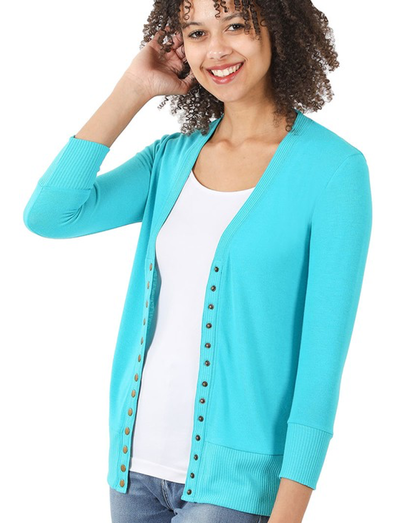 Ice Blue 3/4 sleeve cardigan featuring snap-front buttons and soft stretch fabric