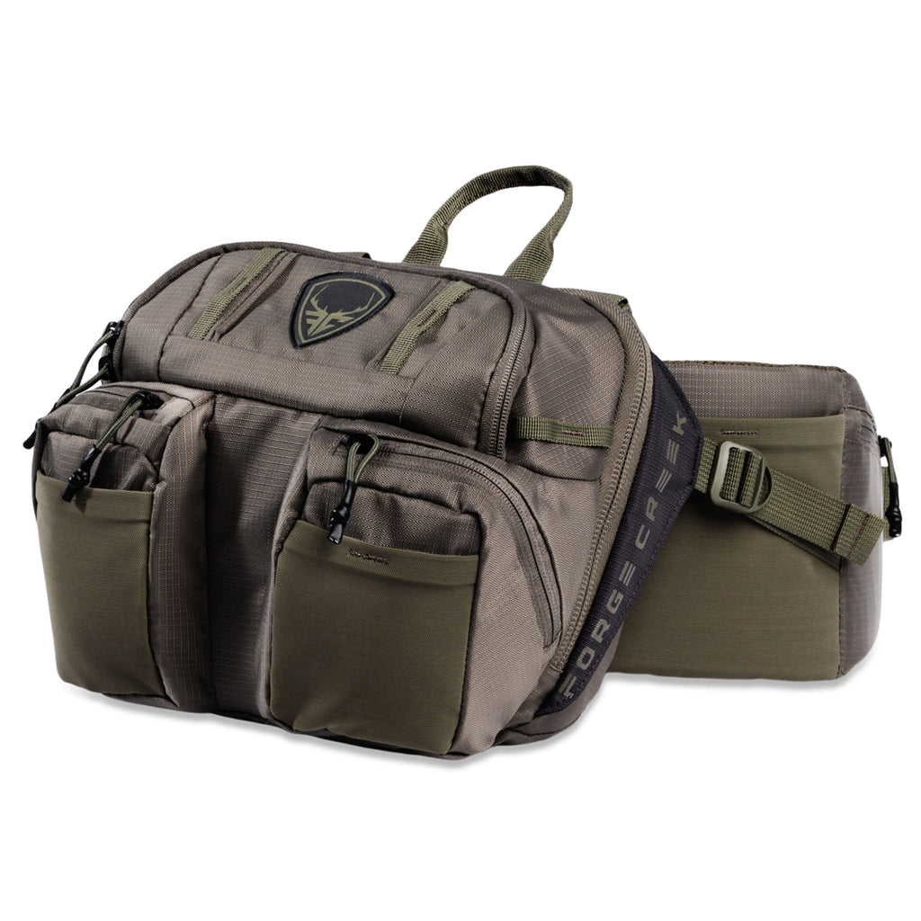 Icon Pro hunting waist pack in olive green with multiple gear pockets and branded straps.
