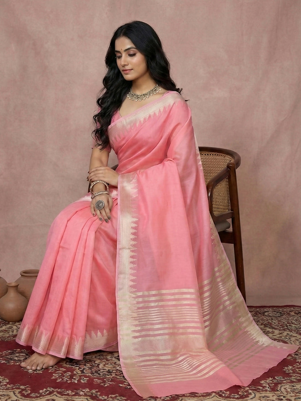 Coral Pink Cotton Saree with Matching Blouse Piece
