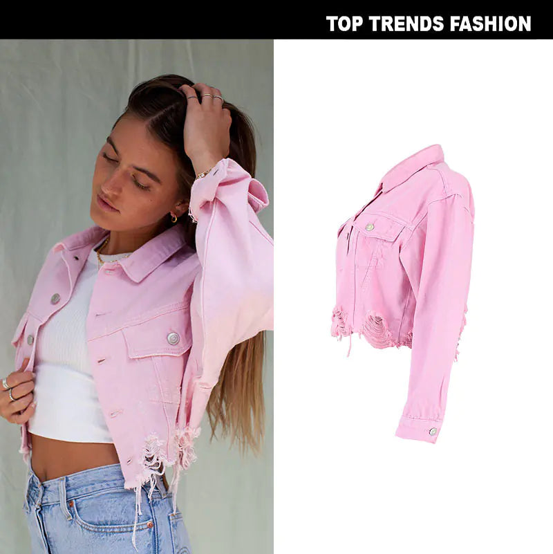 Women's Cropped Distressed Denim Jacket in Ghost Pink - Image 7
