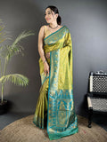 Pista green soft silk Banarasi saree with detailed woven motifs and matching blouse fabric