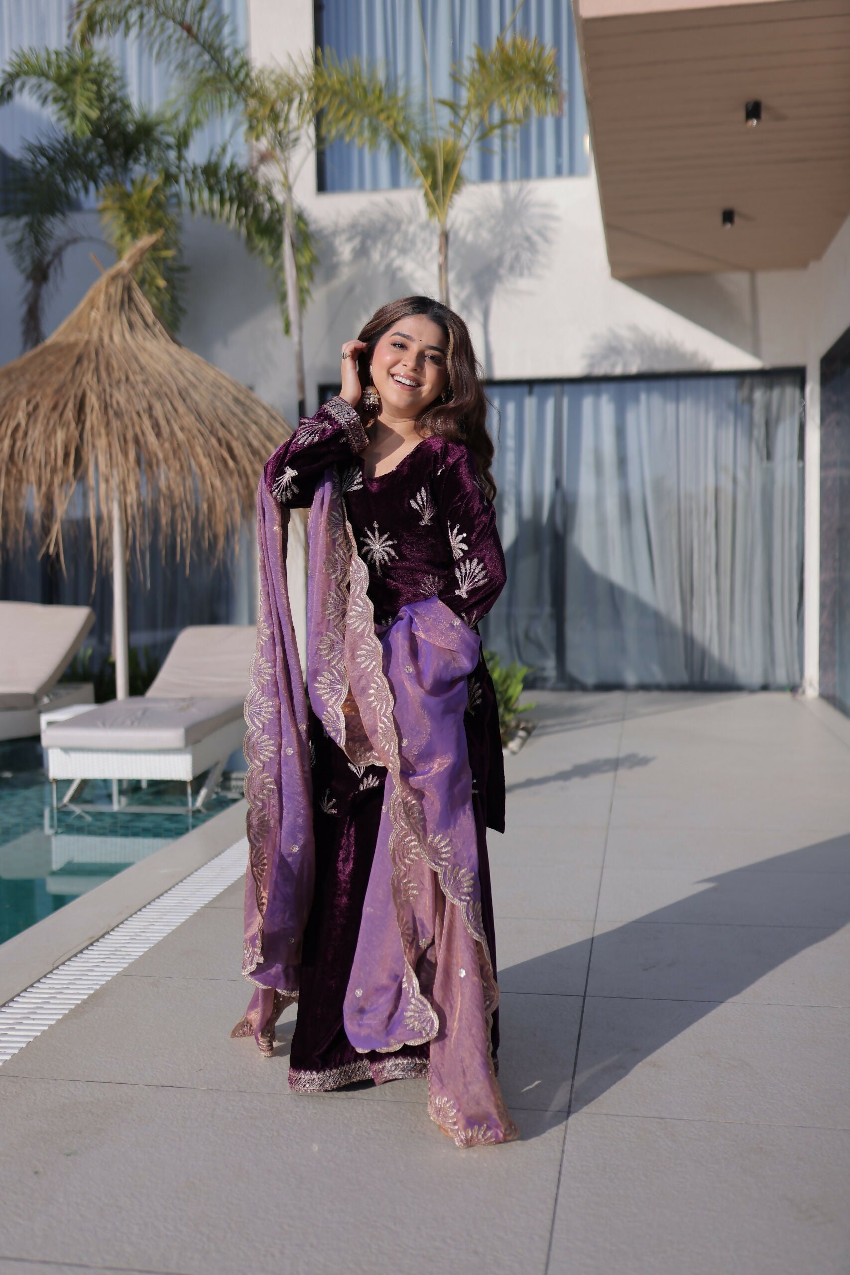 Maroon Velvet Kurta Set with Embroidery and Sequence Work