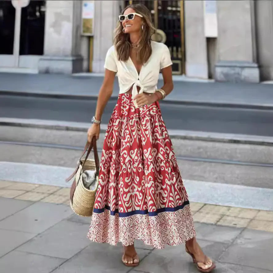 European American Summer Printed Loose Swing Skirt