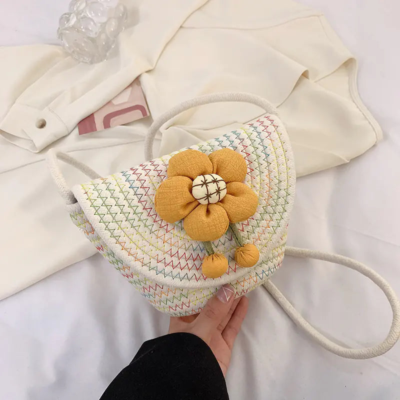 Woven Flower Messenger Bag Mini Straw Shell Crossbody Purse - Image 3