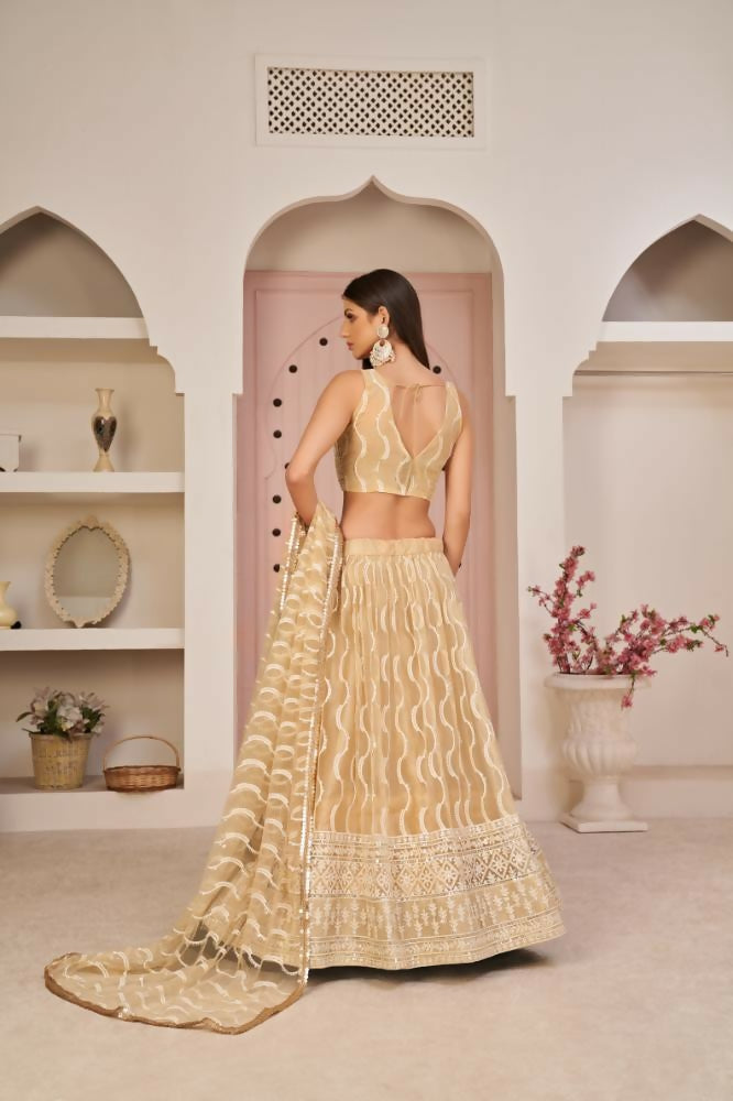 Beige Chiku Butterfly Net Lehenga with Zari and Sequence Work