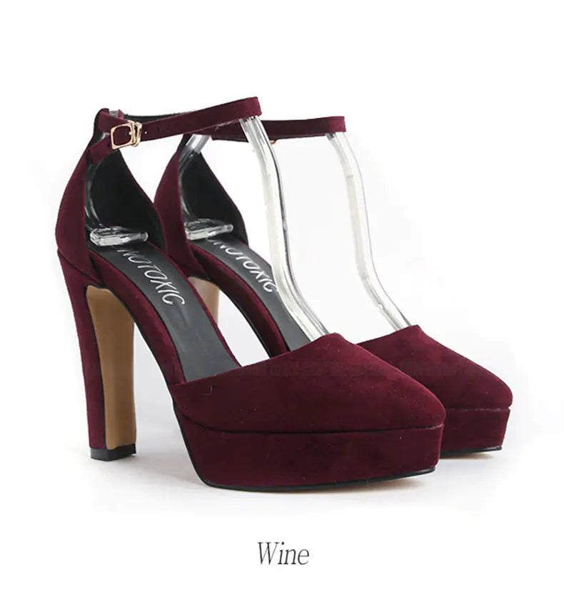 Women's Wine Suede Chunky Heels with Ankle Strap - Image 34