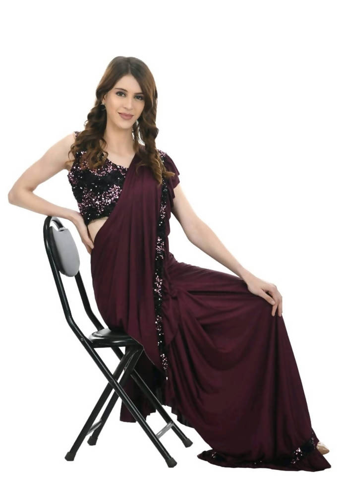 Wine and Black Ruffled Ready-to-Wear Saree with Blouse