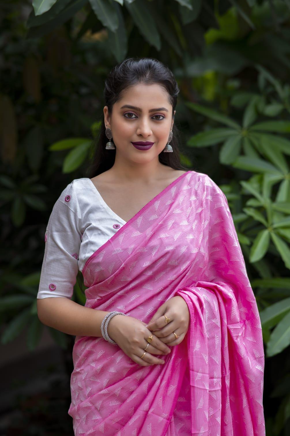 Pink Poly Georgette Saree with Woven Design and Mirror Work Blouse