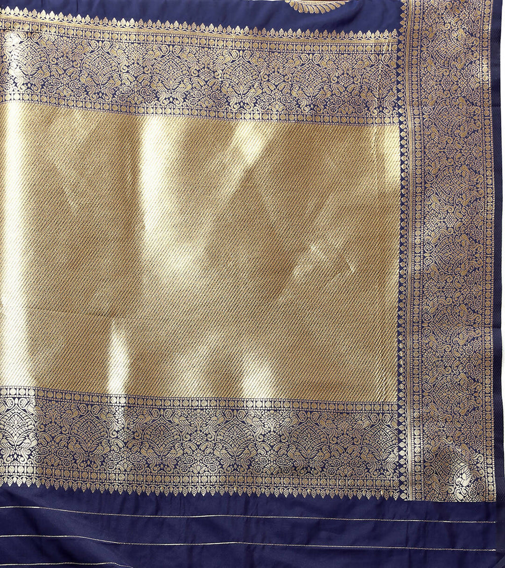Navy Blue Soft Silk Saree with Gold Zari Weaving