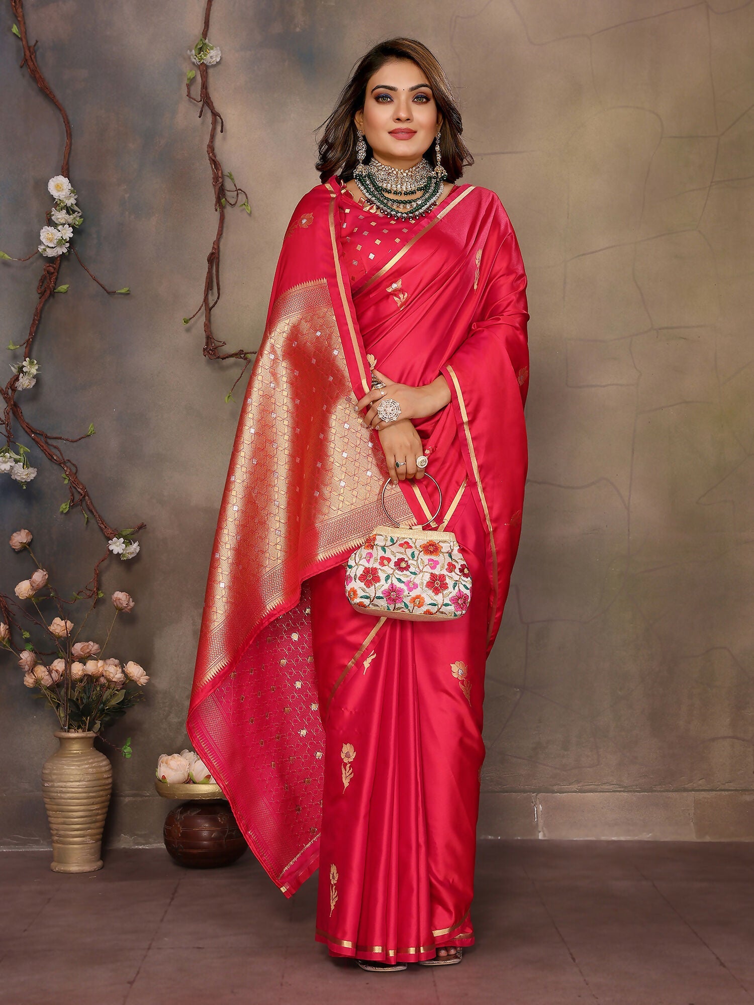 Brick Red Floral & Botanical Satin Silk Banarasi Saree
