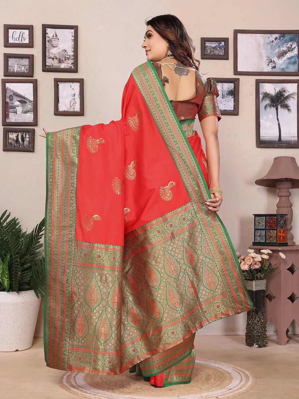 Red Banarasi Small Butti Soft Silk Saree with Blouse Piece