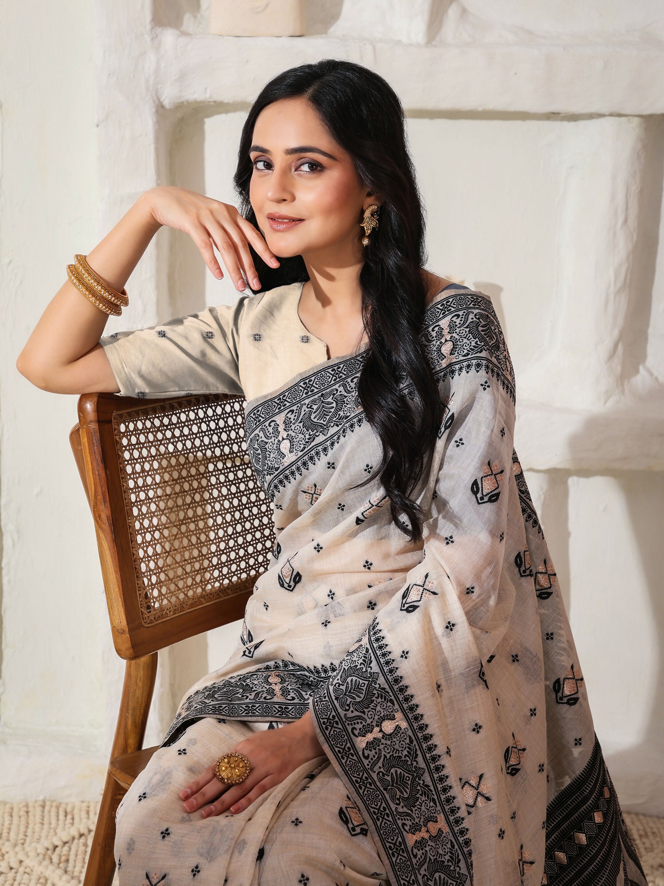 Black and Cream Linen Cotton Saree with Matching Blouse