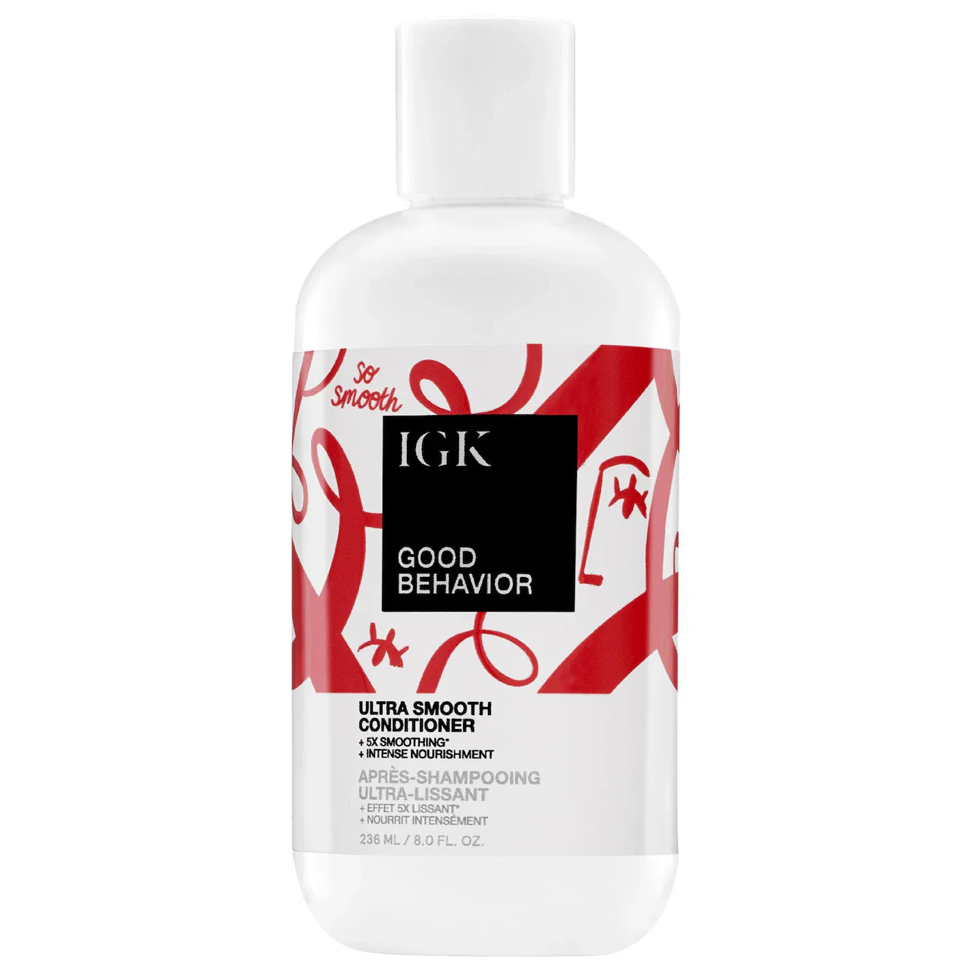 IGK Good Behavior Ultra Smooth Conditioner bottle in white, red, and black