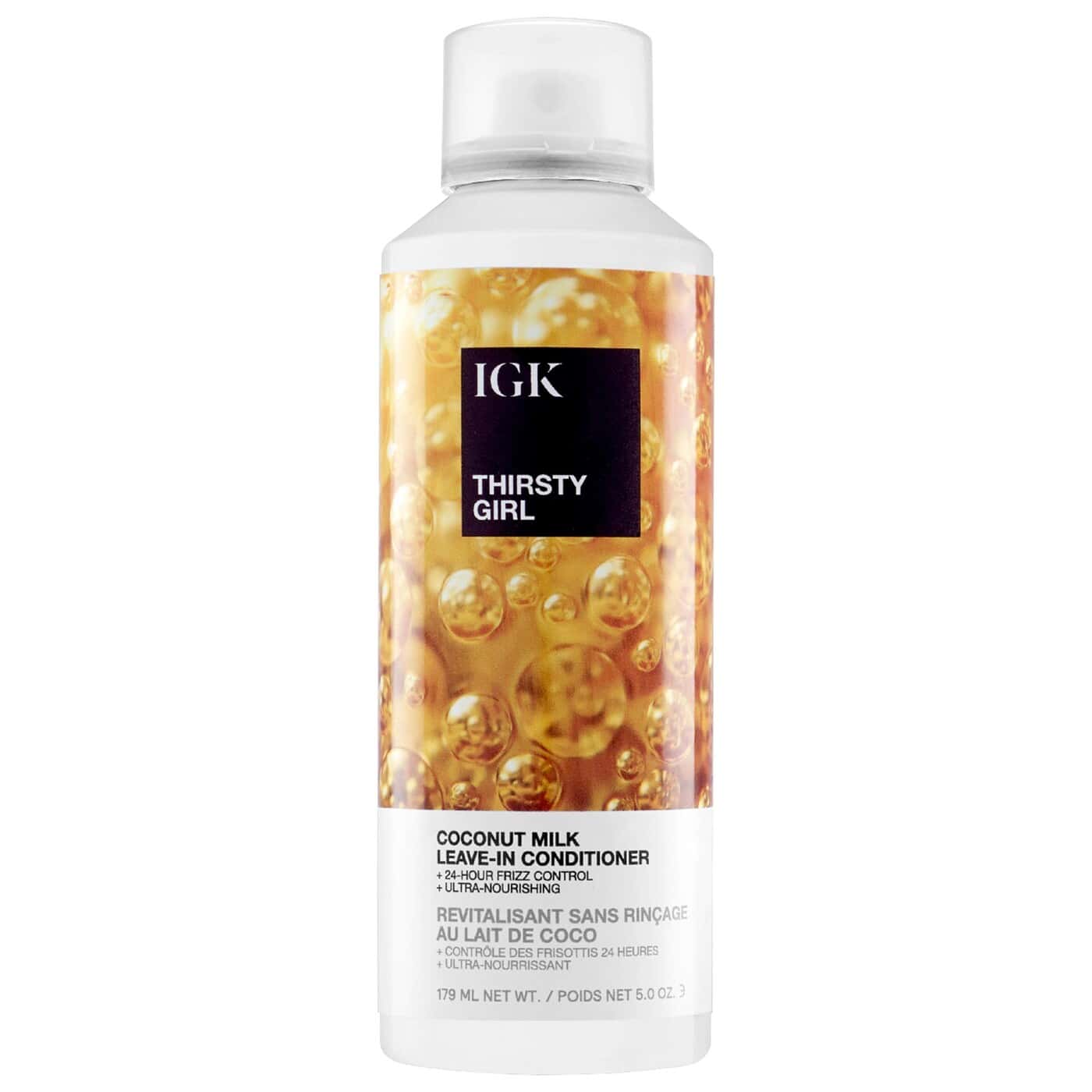 IGK Thirsty Girl Coconut Milk Leave-In Conditioner bottle in white and amber