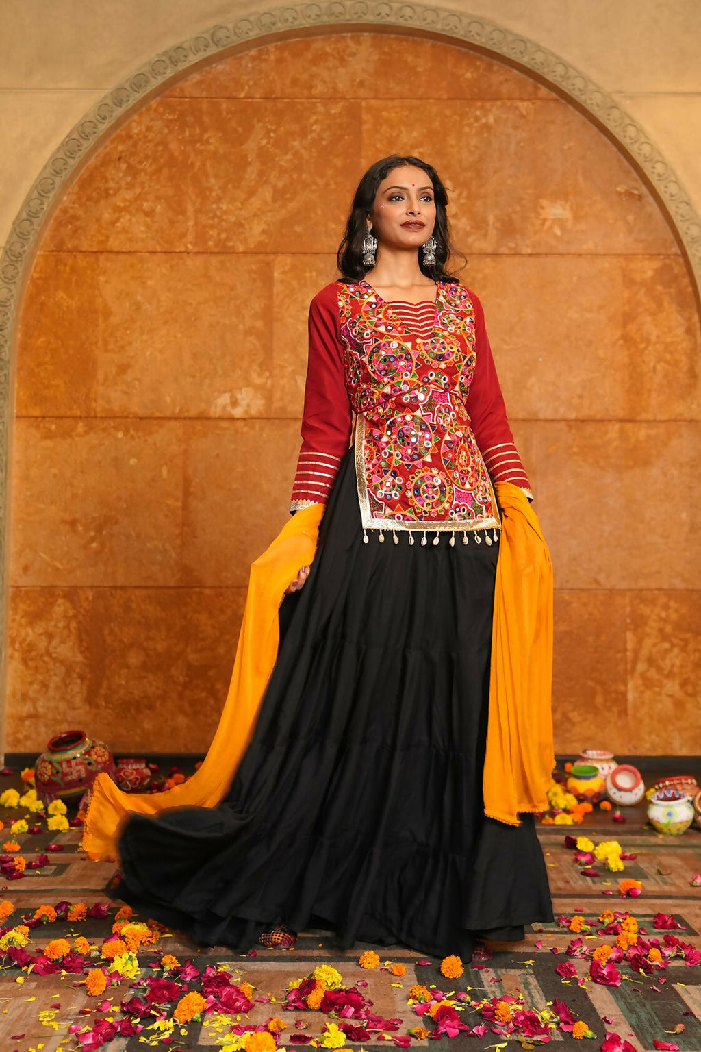 Black Crepe Designer Navratri Lehenga Choli with Red & Yellow