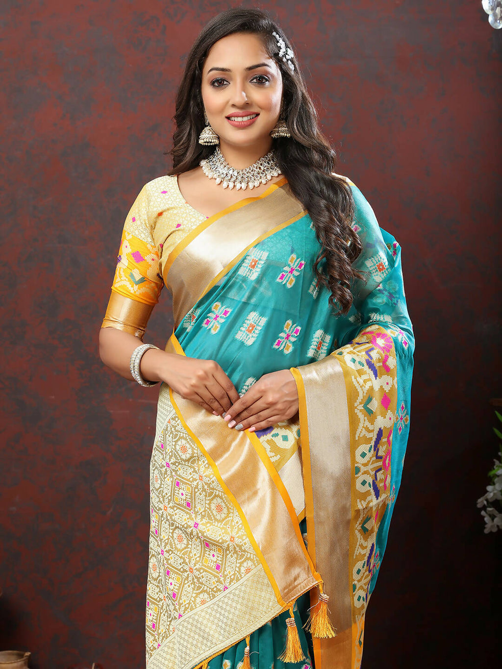 Lorenvalley Fashion Teal Organza Silk Woven Design with Meenakari Weaving Saree