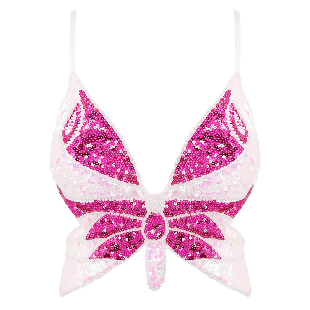 Mocure Womens Sparkly Butterfly Sequin Crop Tops Sexy Trendy Sleeveless Cute Butterfly Halter Tops Rave Wrap Tube Vest Top for Belly Dance Costume Outfits