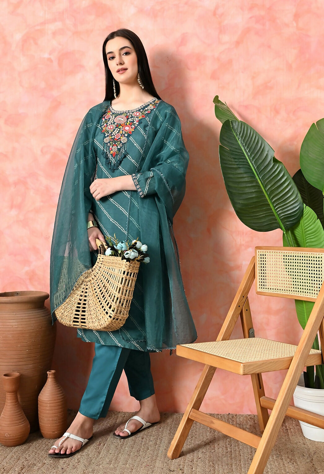 Green premium pure viscose dola kurta set with handwork and jam satin pants