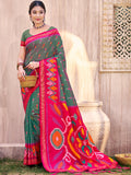Close up of elegant grey Pochampally silk saree fabric with traditional weave pattern