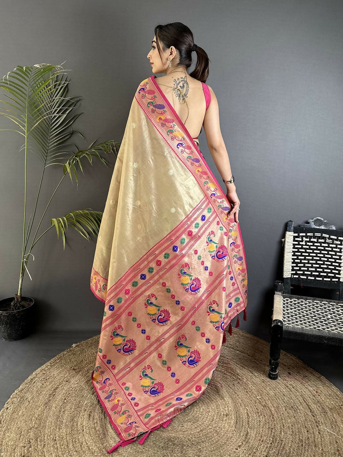 Beige Tissue Paithani Saree with Elegant Zari Weaving Details
