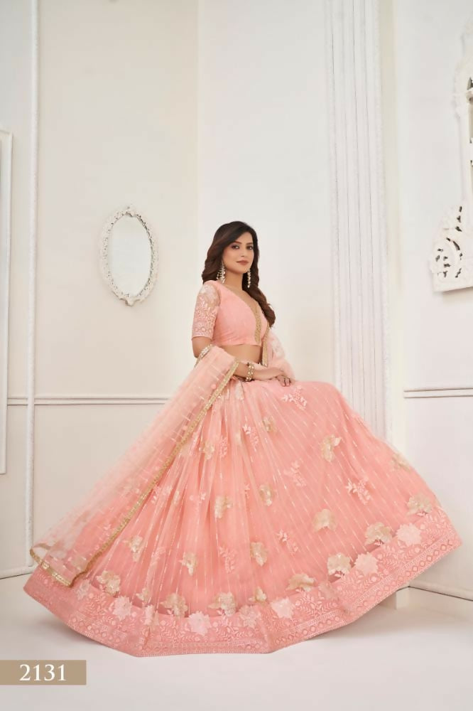 Peach Butterfly Net Lehenga with Tone-to-Tone Sequence Work