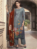 Jyoti Fashion Women's Grey Velvet Floral Digital Printed Kurta with Trouser & Dupatta