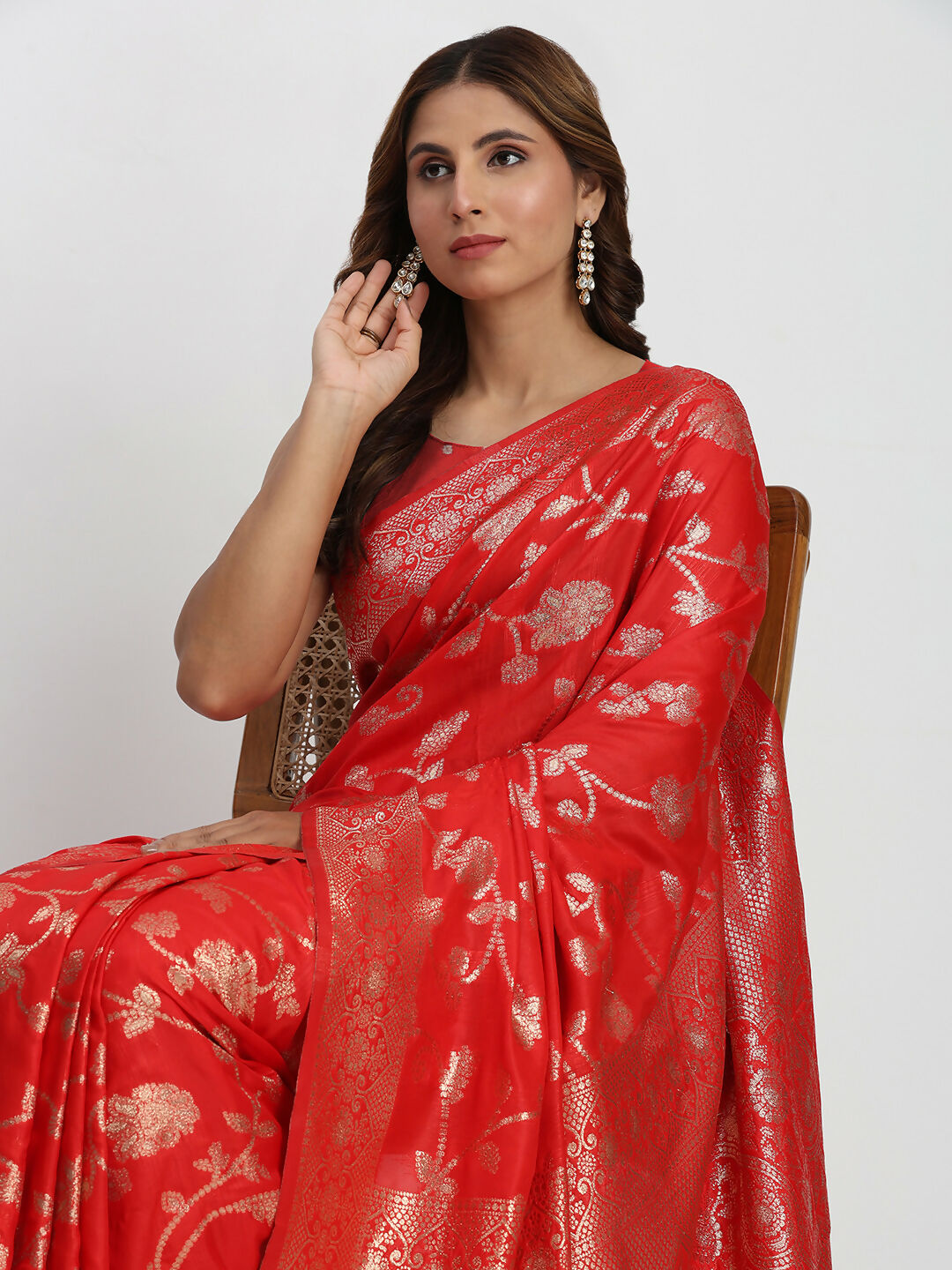 Red Banarasi Silk Saree with Matching Blouse Fabric