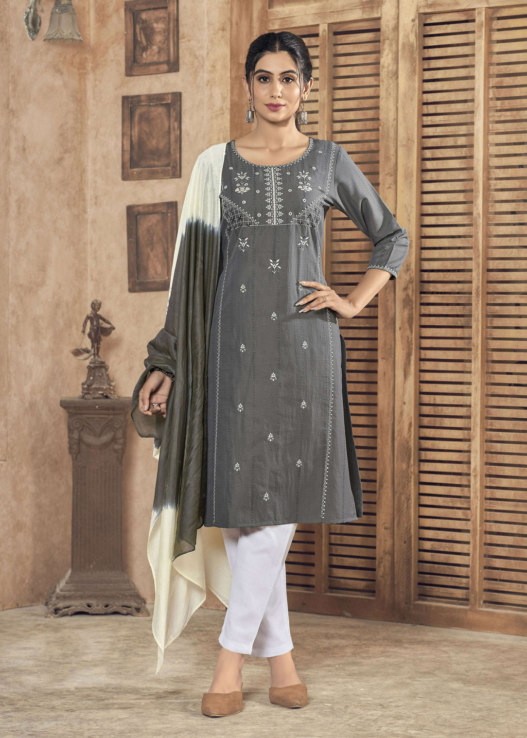 Grey pure viscose knee-length straight kurta with weaving stripes and embroidery