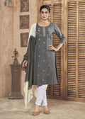 Grey pure viscose knee-length straight kurta with weaving stripes and embroidery