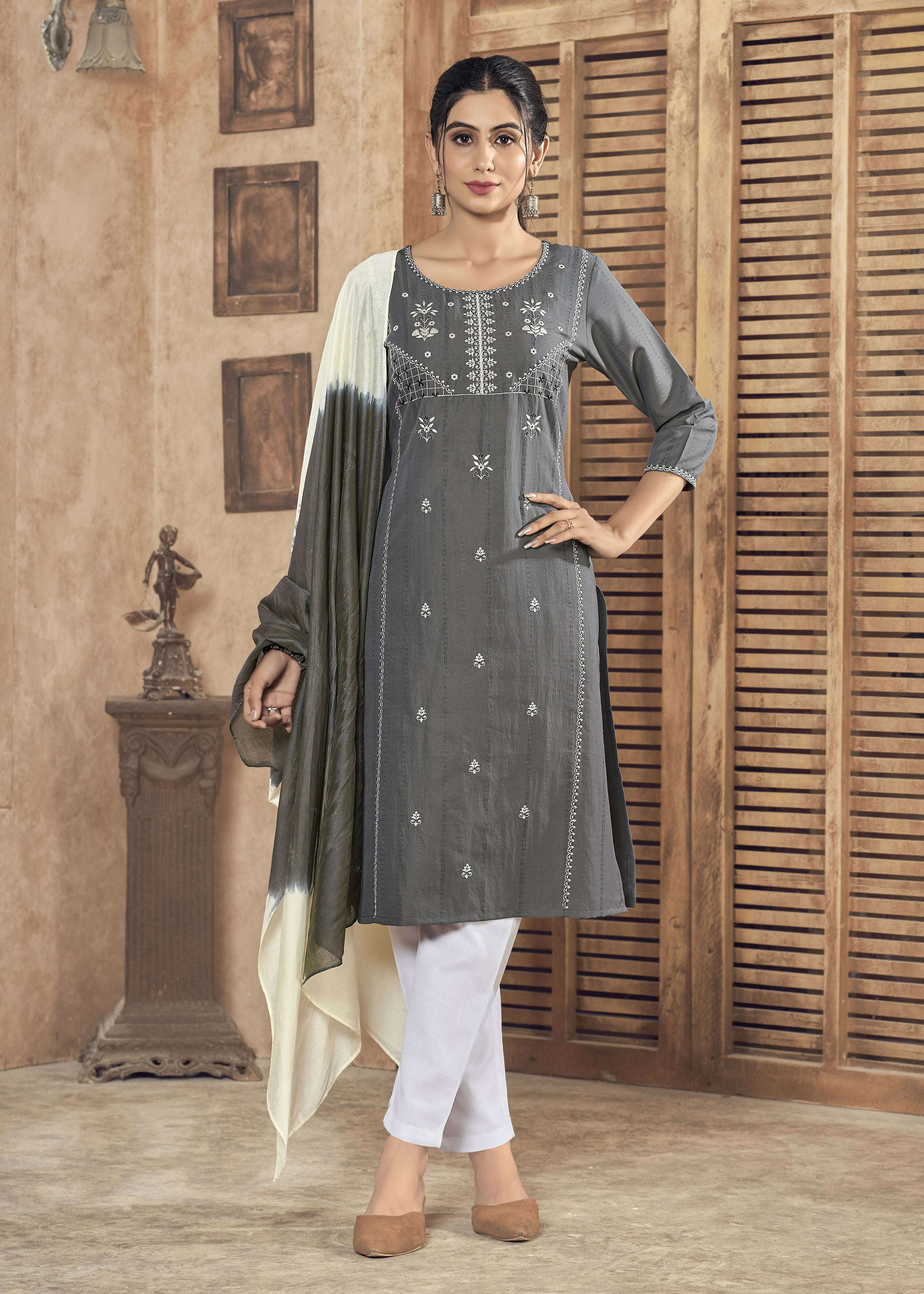 Grey pure viscose knee-length straight kurta with weaving stripes and embroidery